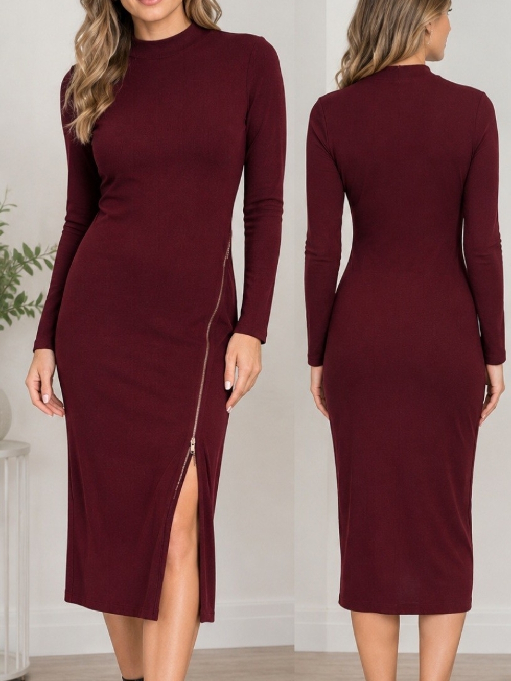 Elegant Burgundy Long Sleeve Midi Dress with Side Zip